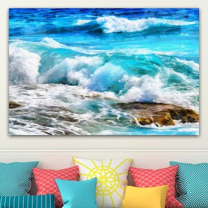 Impresión de olas azules en lienzo, póster de olas oceánicas, pintura de arte grande, arte de pared, sala oceánica, pintura de olas marinas, costa, impresión marina, naturaleza