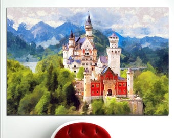 Neuschwanstein kasteel print op canvas, Grote Kunst schilderij, Poster, Kunst aan de muur, interieur decor, eco print, Beieren landschap, Duitsland uitzicht
