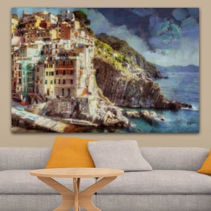 Impresión sobre lienzo del paseo marítimo de Riomaggiore, Italia. Póster de Riomaggiore, mar Mediterráneo. Pintura de gran tamaño. Arte mural. Decoración de interiores junto al mar.