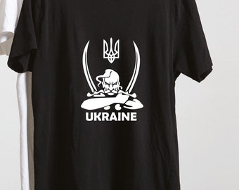 Cossack with sabers, Black cotton Ukrainian Patriotic t-shirt, Ukrainian warrior with swords, Glory to heroes, Ukrainian ethnic culture