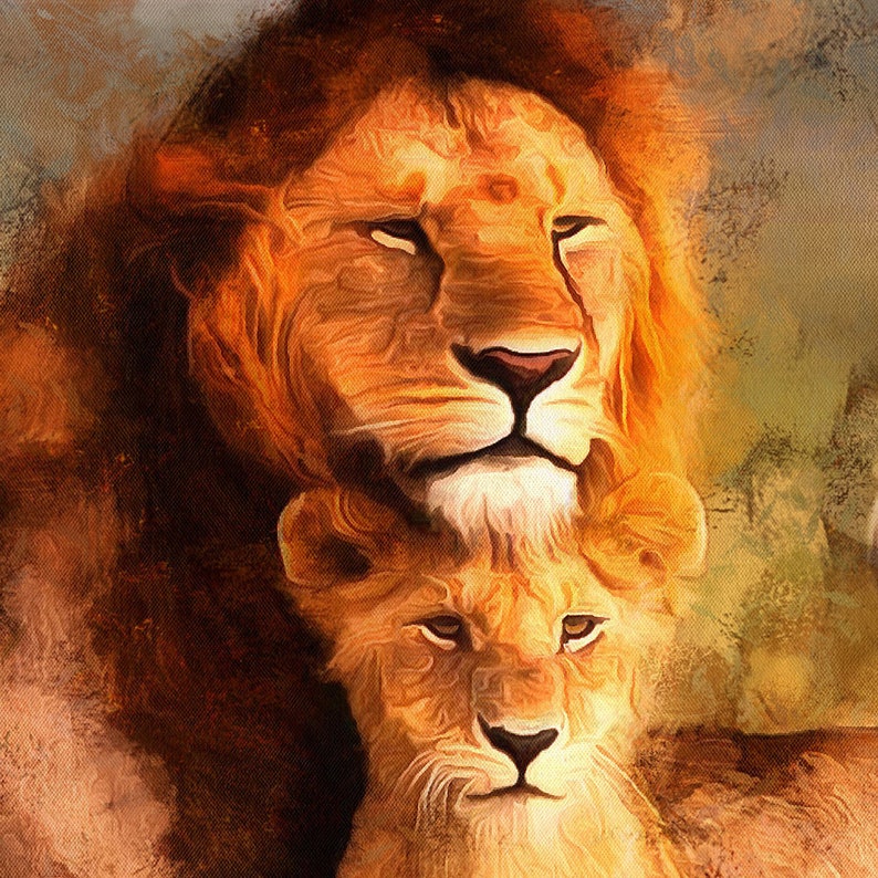 Lion Family print on Canvas, Large Art painting Savannah, Wild lions, African animals, Print African Lion family, lion and lioness with baby image 3