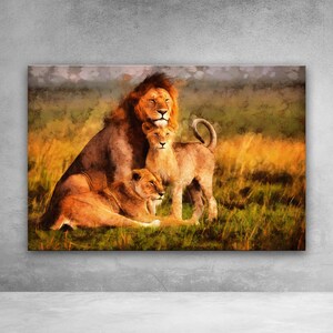 Lion Family print on Canvas, Large Art painting Savannah, Wild lions, African animals, Print African Lion family, lion and lioness with baby image 1