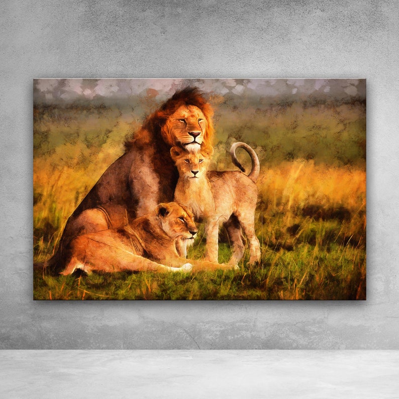 Lion Family print on Canvas, Large Art painting Savannah, Wild lions, African animals, Print African Lion family, lion and lioness with baby image 1