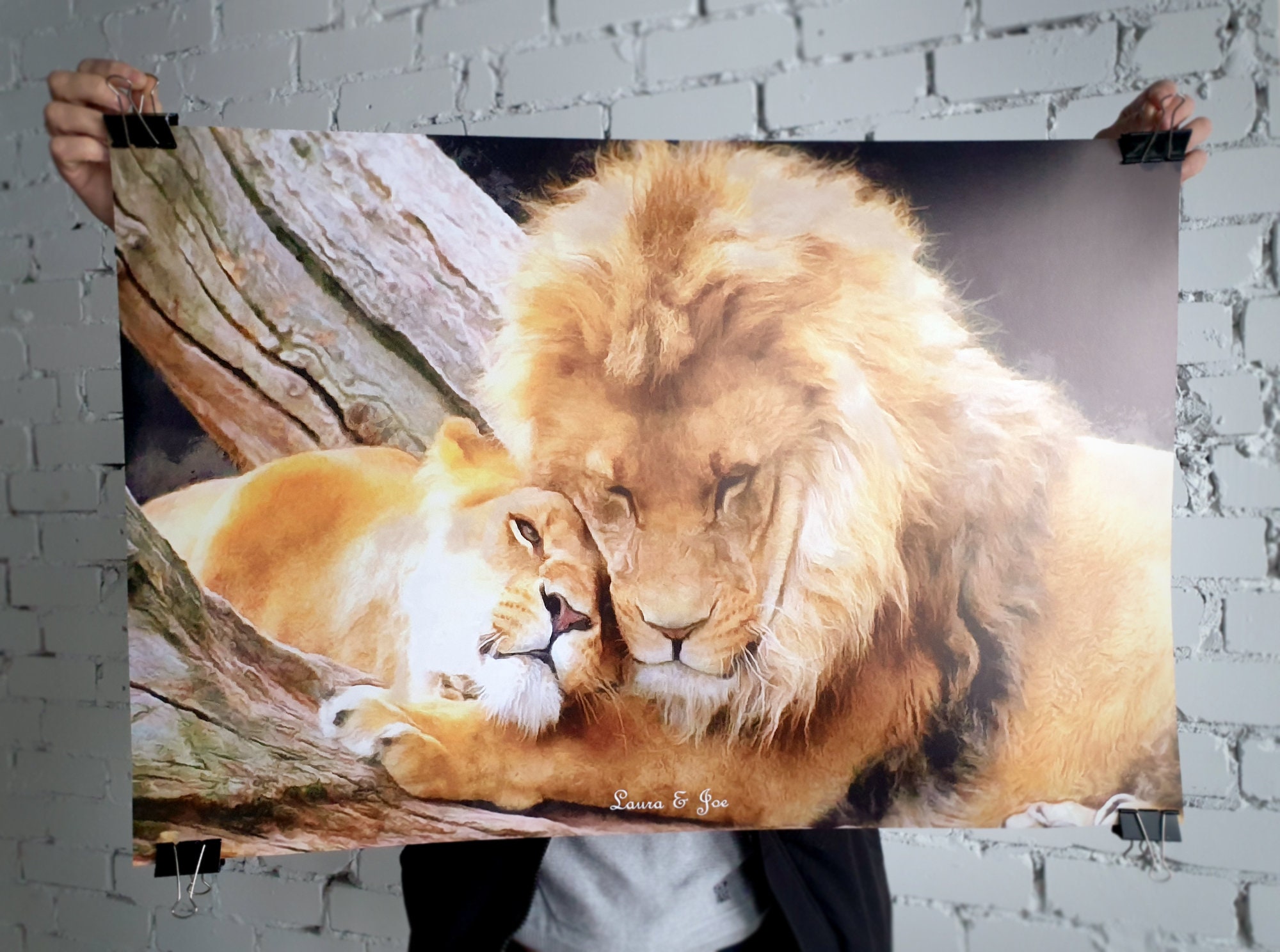 Paar Leeuwen poster, Leeuw en Leeuwin Knuffel print op canvas, Leeuw Grote Kunst Leeuwen Paren