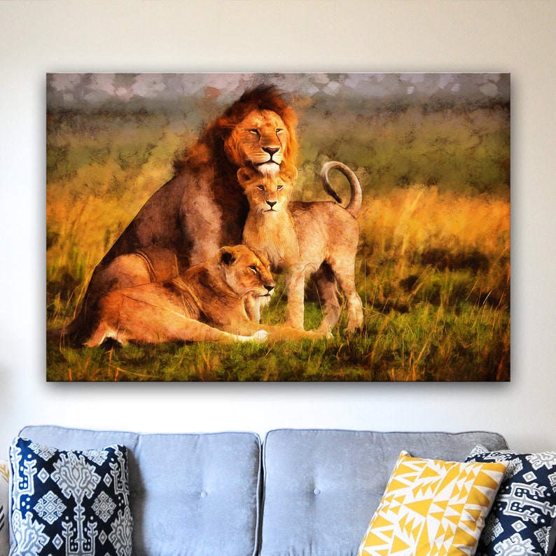 Lion Family print on Canvas, Large Art painting Savannah, Wild lions, African animals, Print African Lion family, lion and lioness with baby image 2