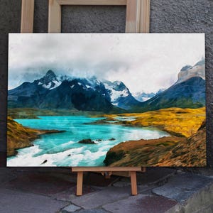 Impresión en lienzo de Torres del Paine, póster de Patagonia, impresión de parque nacional, pintura de montañas, arte mural de Chile, paisaje de lago de montaña