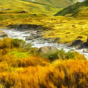 May include: A painting of a river flowing through a grassy valley. The river is white and the grass is green and yellow. The hills in the background are green and brown.