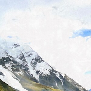 May include: A snowy mountain peak with a blue sky in the background. The mountain is covered in snow and ice, and the sky is a light blue with some clouds.