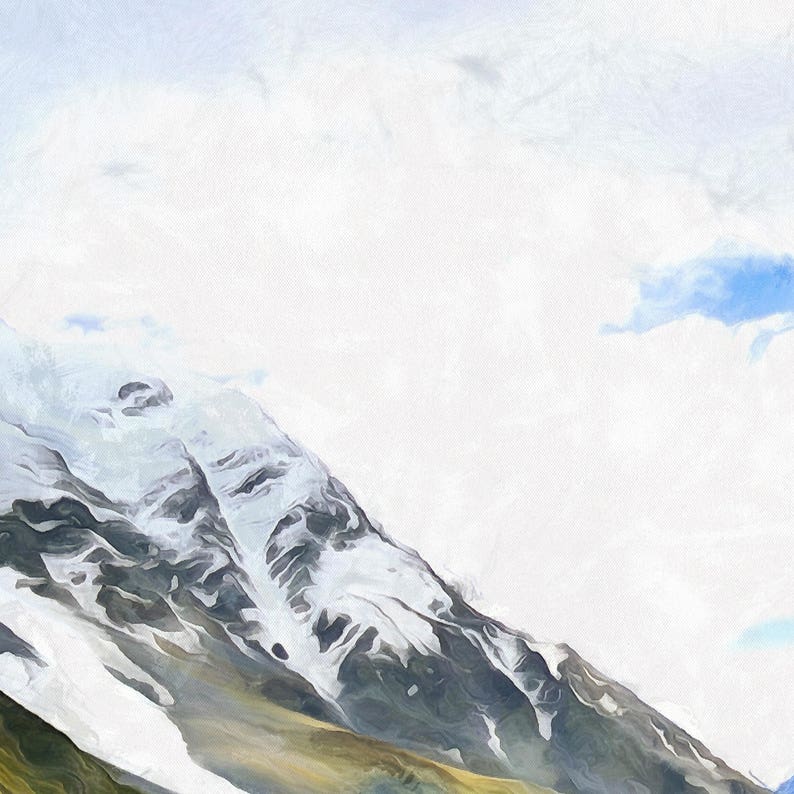 May include: A snowy mountain peak with a blue sky in the background. The mountain is covered in snow and ice, and the sky is a light blue with some clouds.