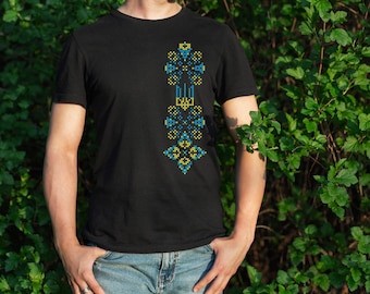 Ukrainian national Embroidered Black cotton Patriotic t-shirt, blue and yellow cross stitch, symbols and coat of arms Tryzub, high quality