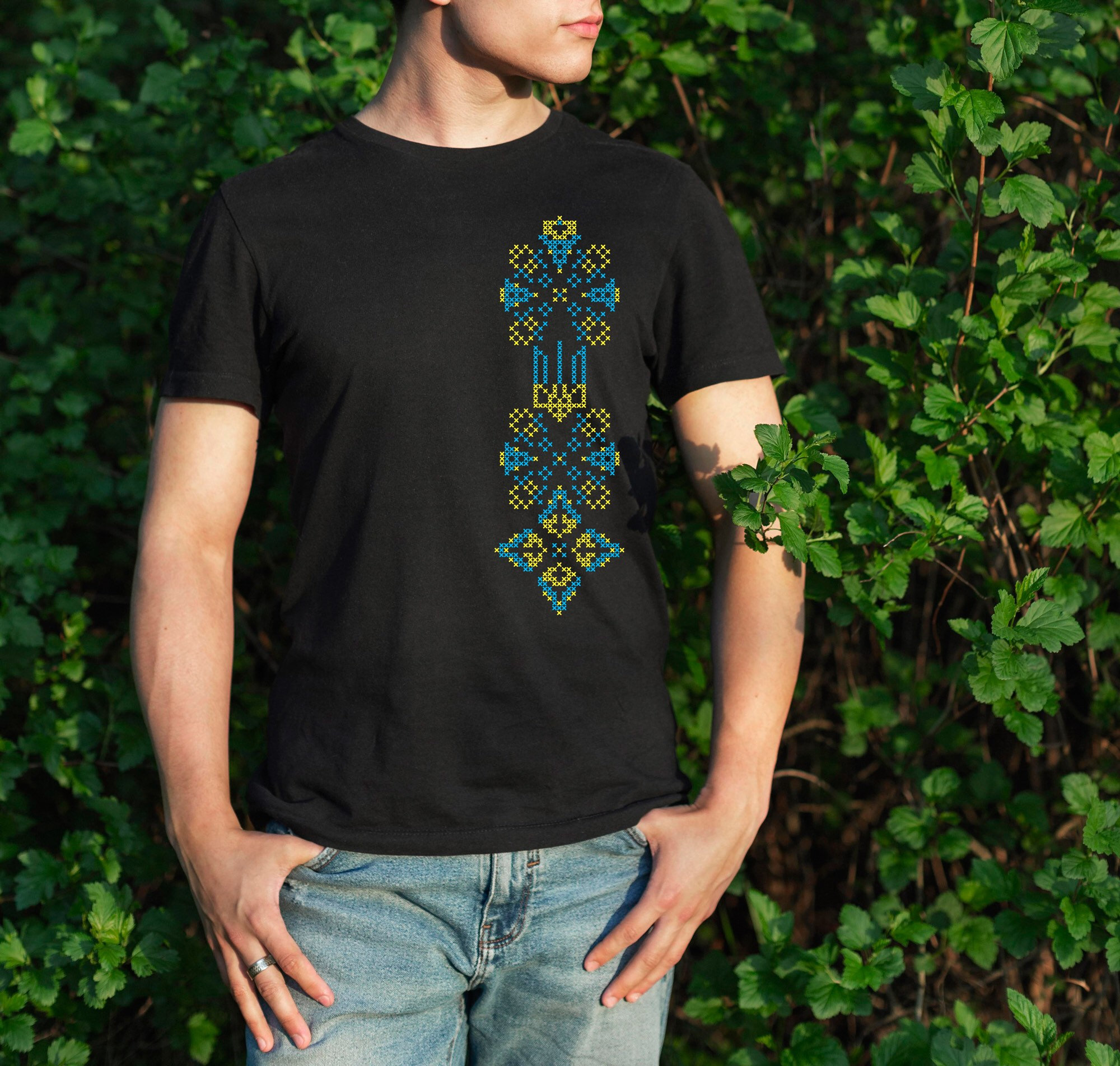 Ukrainian national Embroidered Black cotton Patriotic t-shirt, blue and yellow cross stitch, symbols and coat of arms Tryzub, high quality