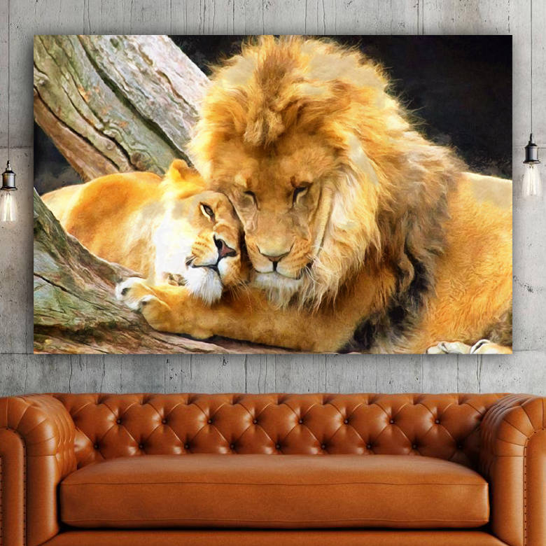 Paar Leeuwen poster, Leeuw en Leeuwin Knuffel print op canvas, Leeuw Grote Kunst Leeuwen Paren