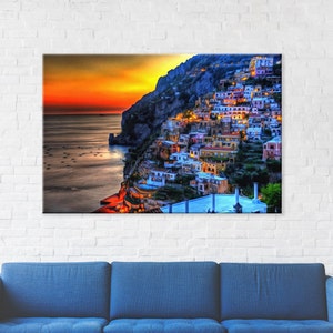 Impresión de Positano nocturno sobre lienzo, póster de Italia, arte mural de Italia, impresión de Positano, pintura de Italia, imagen de Italia, decoración de oficina con paisaje