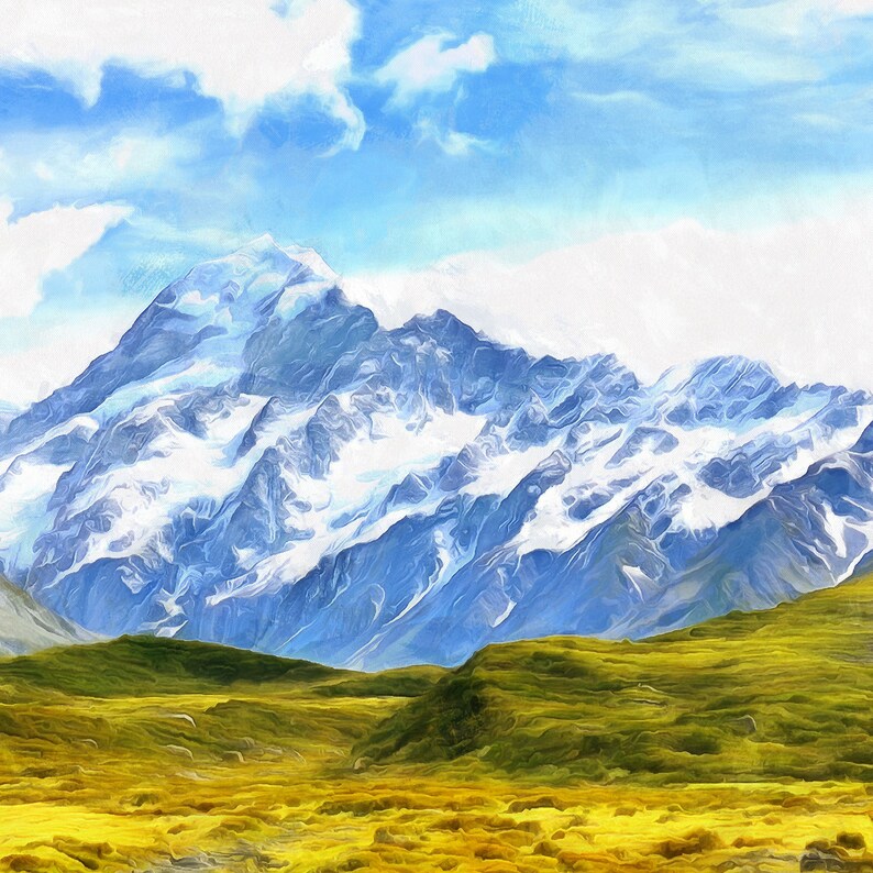 May include: A painting of a snow-capped mountain range with a green grassy field in the foreground. The sky is blue with white clouds.