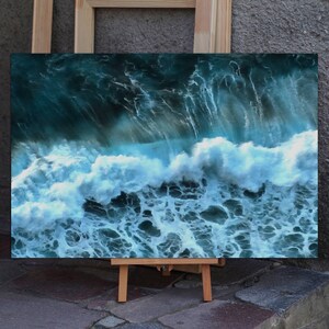 Impresión sobre lienzo de olas del océano azul oscuro, póster sobre el poder de las olas del mar, pintura artística grande, póster de naturaleza, diseño de habitación marina, paisaje marino, regalo