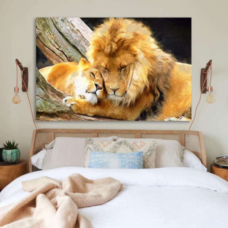 Paar Leeuwen poster, Leeuw en Leeuwin Knuffel print op canvas, Leeuw Grote Kunst Leeuwen Paren