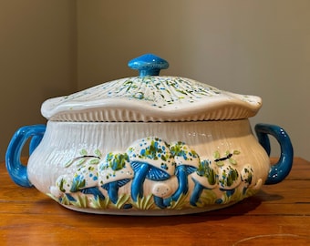 Cocotte vintage en céramique avec couvercle champignon Arnels, rétro bleu vert moucheté des années 1970, décor de champignon, champignon en céramique, kitsch