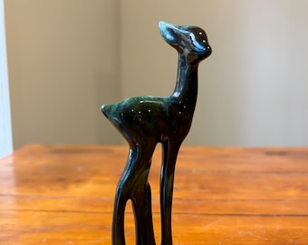 Vintage Small Mid Century Modern Black Green MCM Ceramic Pottery Fawn Deer Figurine Statue