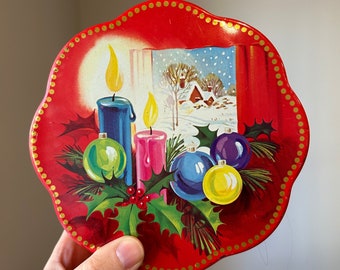 Mid Century 1960s 6 Inch Red with Gold Accent Scalloped Christmas Candy Tin Made in England, Holiday Candles Holly and Winter Scene
