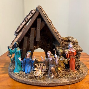 Crèche de crèche vintage italienne en bois, crèche, histoire de Noël Bible sages bébé jésus marie joseph