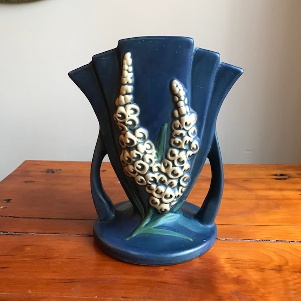 Reproduction Roseville USA Style Pottery Vintage Blue Art Deco Foxglove 1940s Pottery Vase 117-8, Retro Decor Blue Vase