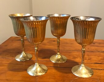 Vintage Set of 2 Solid Brass With Silver Plate Goblets Patina Wine Glasses  Cups
