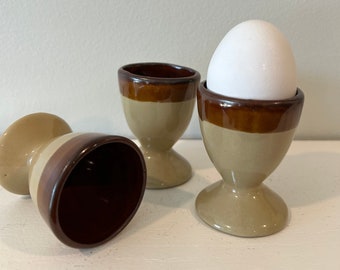 Set of 3 Vintage Brown Stoneware Egg Cups, Hostess Gift, Farmhouse Kitchen Country Dining, 1970s 1980s Decor, Gift for Her, Sustainable Home