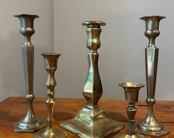 Lot of 5 Mid Century Brass Vintage Candlesticks, Gold Minimalist Decor, Mantle Bookshelf Decor, MCM Design, Wedding