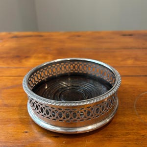 Antique Silver Plate and Wood Wine Bottle Coaster, Barware, Gift for Wine Lover, Wine Accessories,  Bar Cart Accessory