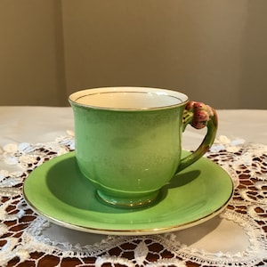 Beautiful Green Royal Winton Grimwades England, Rare Flower Bud Figural China Tea Cup Saucer
