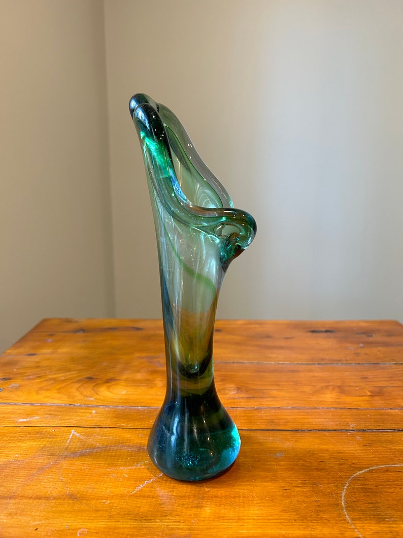 Vintage Green Glass Mid Century Swung, MCM Decor, Mid Century Vase