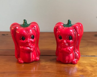Vintage Anthropomorphic Red Pepper Salt and Pepper Shakers, 1960s Kitsch Decor