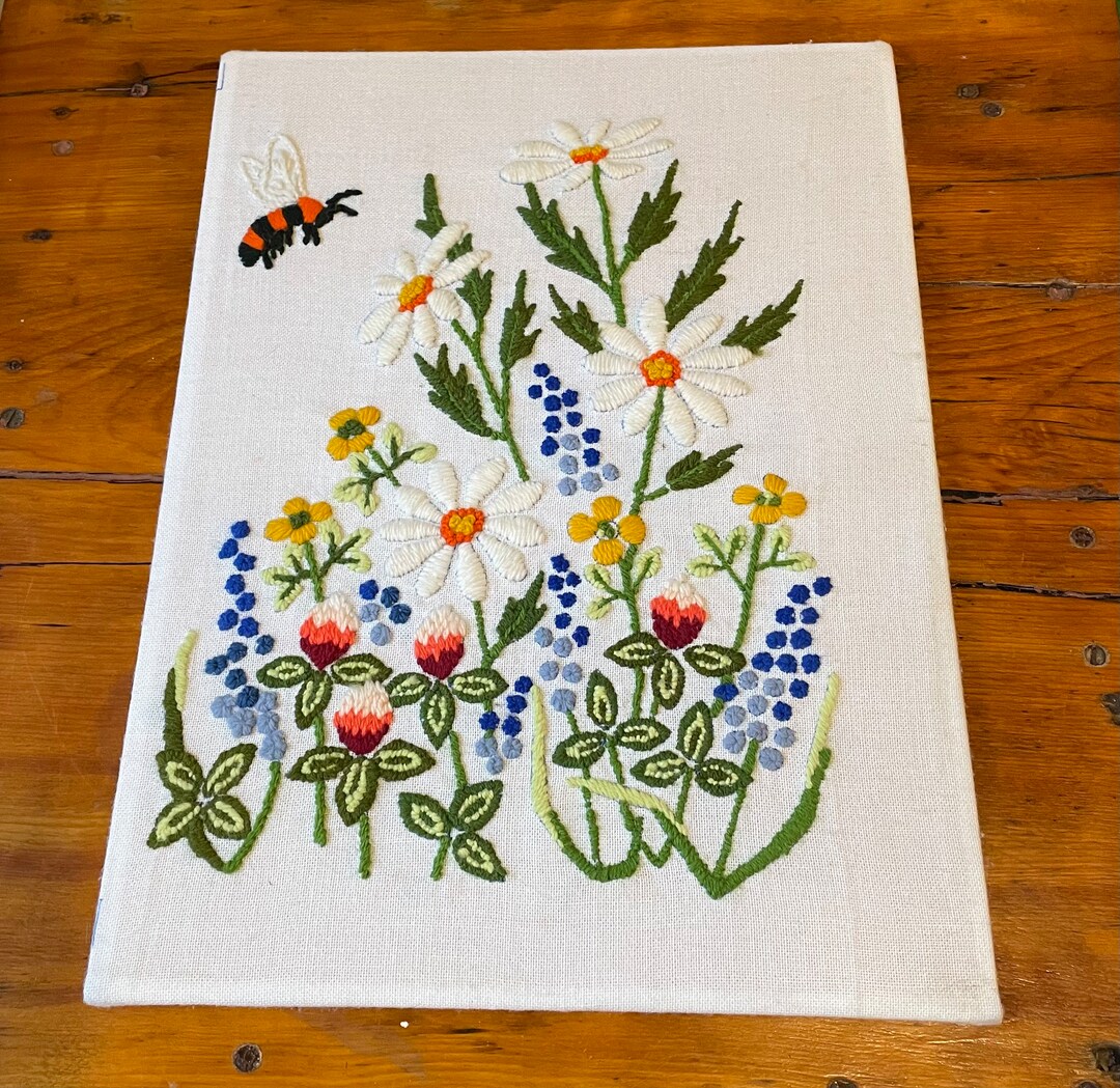 Beautiful Completed 16x20 Vintage Crewel Embroidery 1970s, Floral and