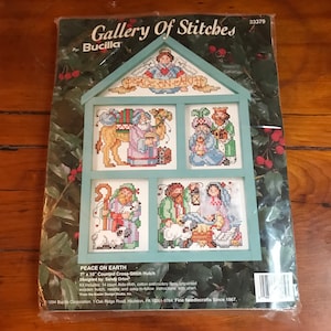 Vintage Bucilla Cross-Stitch Peace on Earth, Christmas Cross-Stitch with Hutch Frame, Nativity, Cottagecore, 1980s Christmas