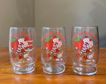 Vintage Strawberry Shortcake Child Size Juice Glasses, 1980s Cartoon Trio