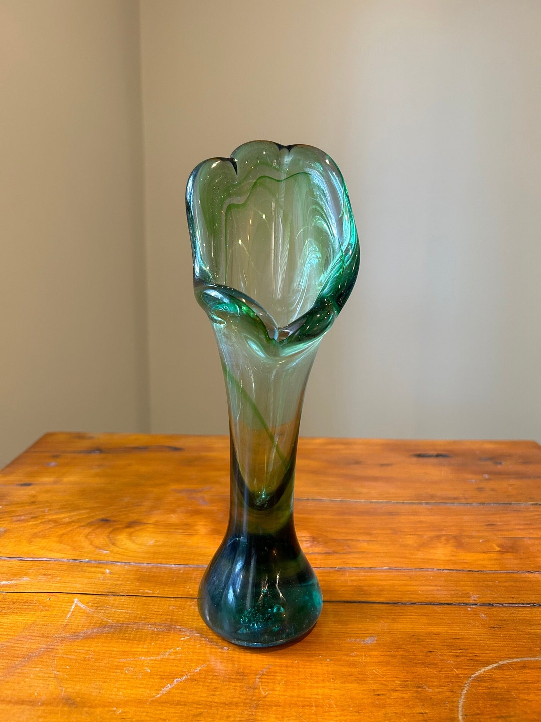 Vintage Green Glass Mid Century Swung, MCM Decor, Mid Century Vase