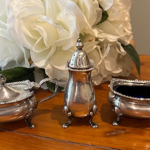 Vintage Garrard and Co English Set Silver Plate Salt Cellar Bowl Mustard Pot and Pepper Shaker Traditional Formal Dining Serving Accent