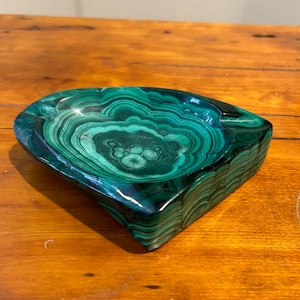 Stunning Heavy Vintage Mid Century Malachite Stone Ashtray, Green Semi Precious MCM Decor Bowl