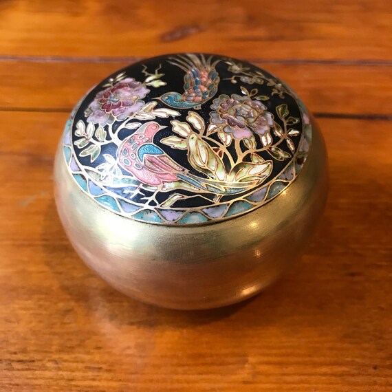 Vintage Brass Enamel Bird Pot, Decorative Jar