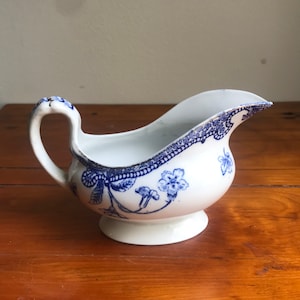 Antique Farmhouse Country Kitchen Blue & White Semi Porcelain Gravy Boat Kent Royal by Wood and Sons