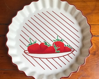 Mikasa Strawberries and Stripes Pie Plate, 1980s Retro Kitchen Decor