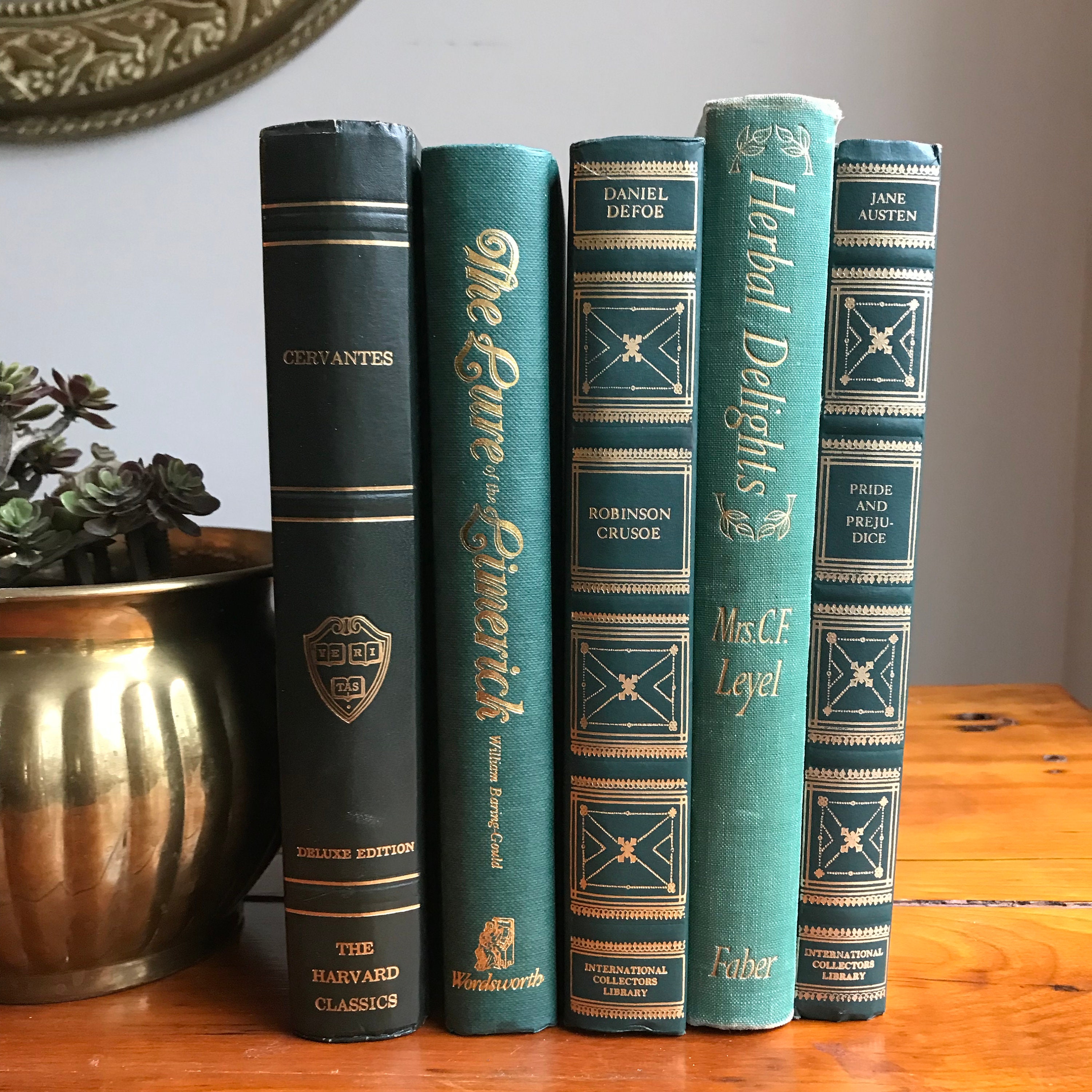 Shades of Forest Green Vintage Book Bundle, Set of Five Green