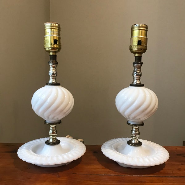 Pair Vintage White Milk Glass Hobnail Electric Lamps, White Hobnob Glass Decor, Country Farmhouse Shabby Chic Bedside, Princess Room