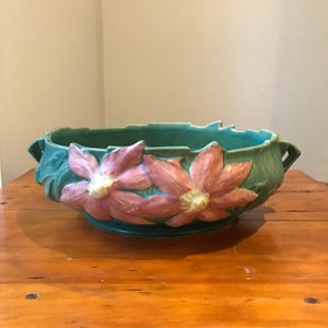 Roseville USA Pottery Vintage Clematis Green Bowl 1940s Pottery Vase 205-6, Retro Decor Roseville Lily