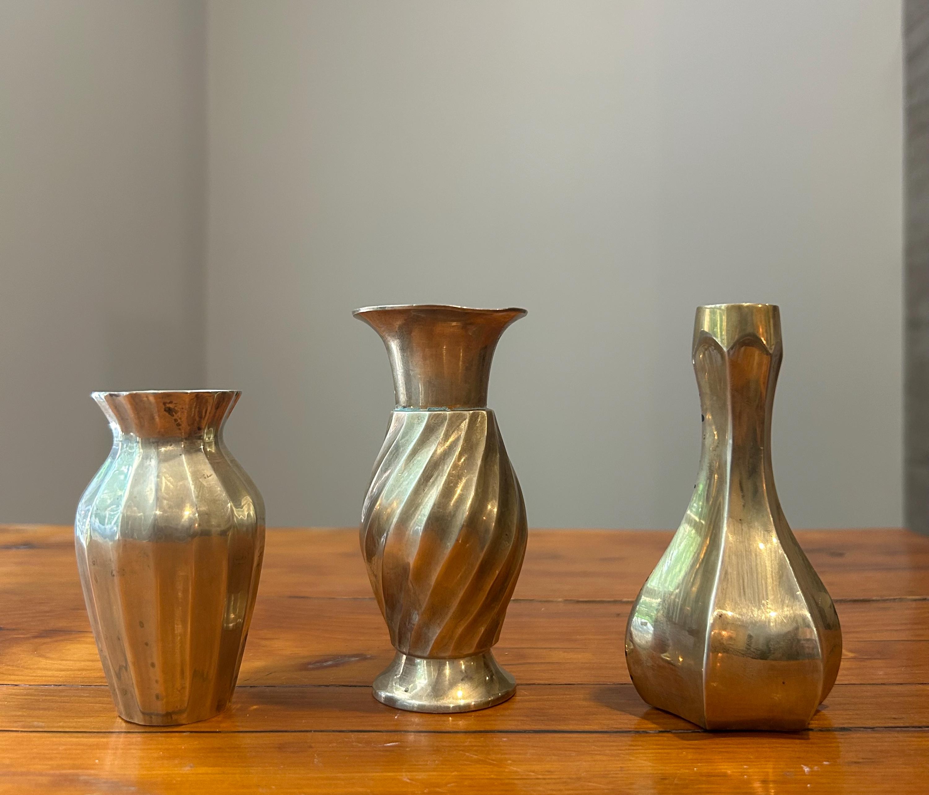 Trio Vintage Brass Bud Vases, Mid Century Brass Decor, Gold Decor, Brass Boho Decor, Wedding or Shower Decor