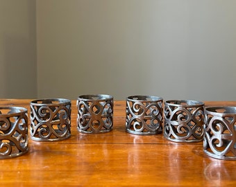 Set of 6 Vintage Pewter Scrolled Pattern Napkin Rings, Hostess Gift, Mothers Day, Cottagecore Traditional Dining