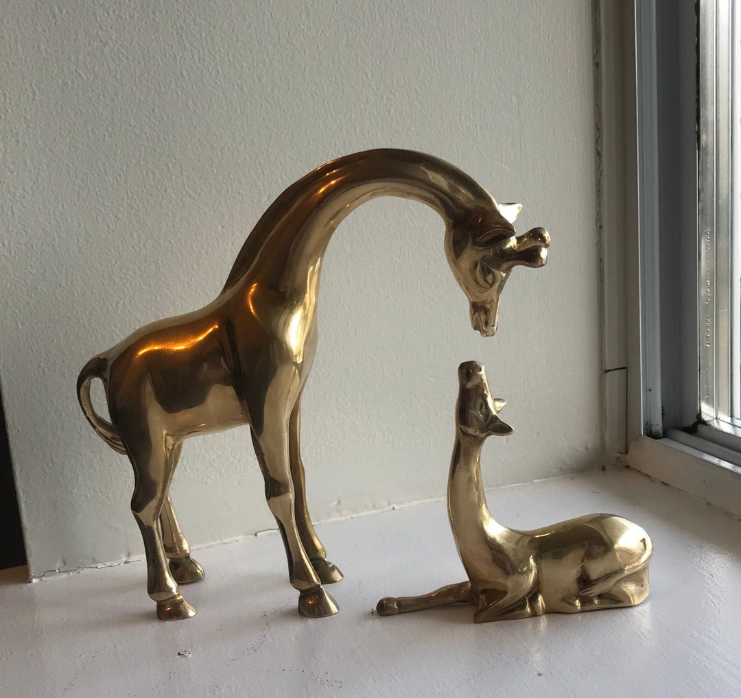 Beautiful Vintage Brass Sculpture of Mother and Baby Giraffe, Mid