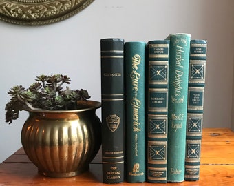 Shades of Forest Green Vintage Book Bundle, Set of Five Green Decorative Books Gold Accent, Limerick Book, Classic Books, Jane Austen