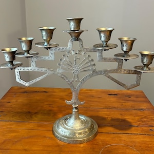 Large Vintage Gold Etched Brass Menorah, Hanukkah Decor or Gift, Judaism Jerusalem Holy Land Religious Gift