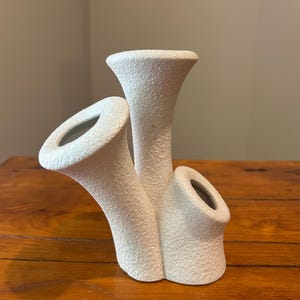May include: A textured, off-white ceramic vase with three openings. The vase has a unique, organic shape, with a central, upright opening and two curved side openings. The surface has a speckled appearance, and the interior of the openings is dark.